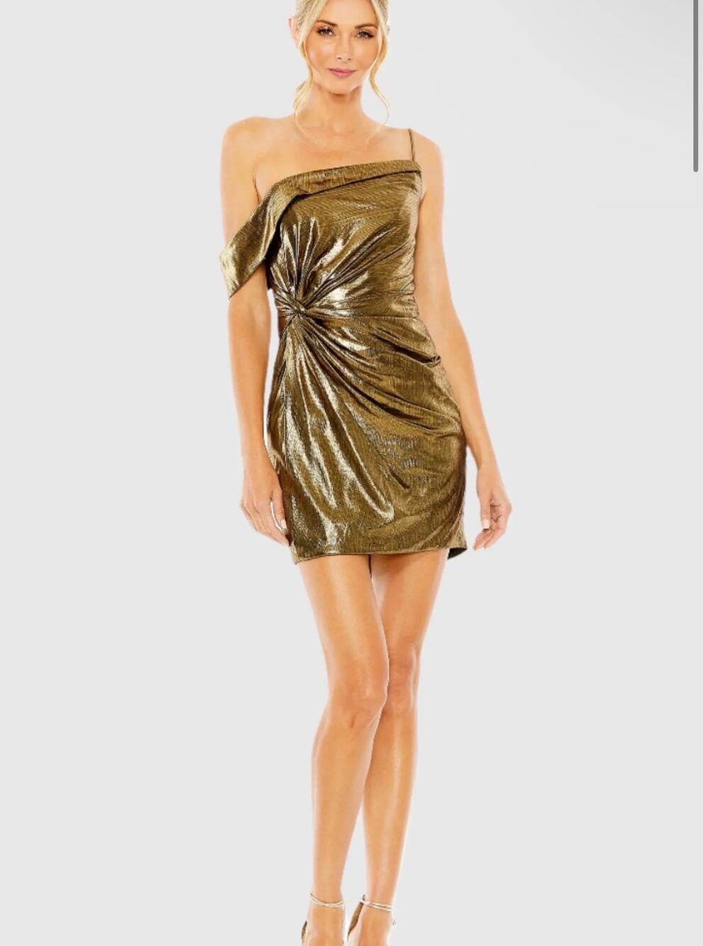 Mac Duggal 27360 Gold Asymmetrical Front Knot Mini Dress sz M